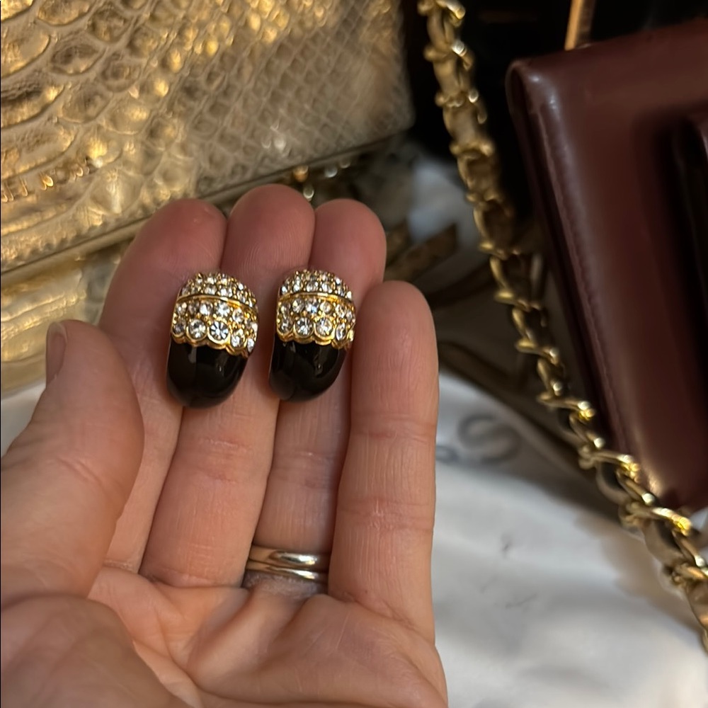 Swarovski Crystal Gold and Black Enamel Earrings
